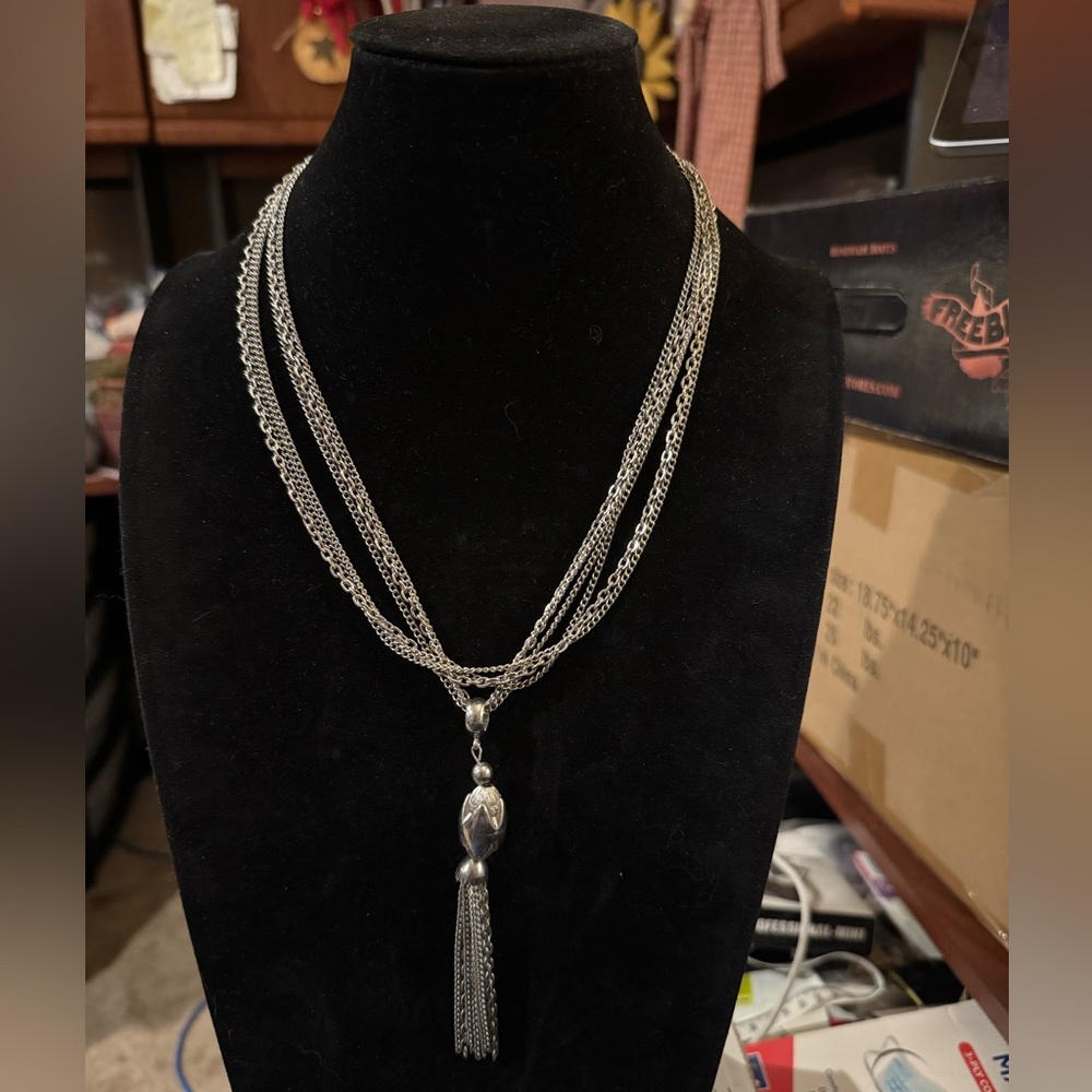 Tassel Necklace Vtg Pendant Silver Tone Layered Curb Rope Chain 21”